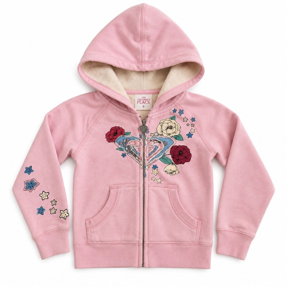 Roxy Teenie Wahine Pink Floral Heart Zip Up Hoodie Sweatshirt Embroidered 2T